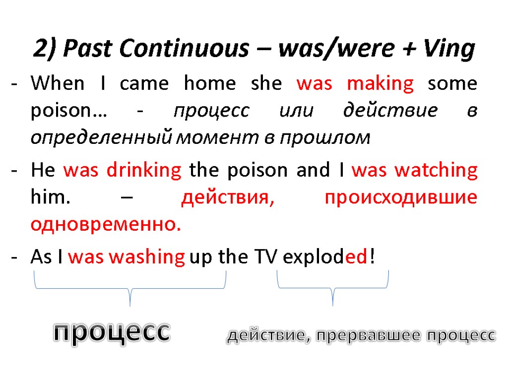 2) Past Continuous – was/were + Ving When I came home she was making